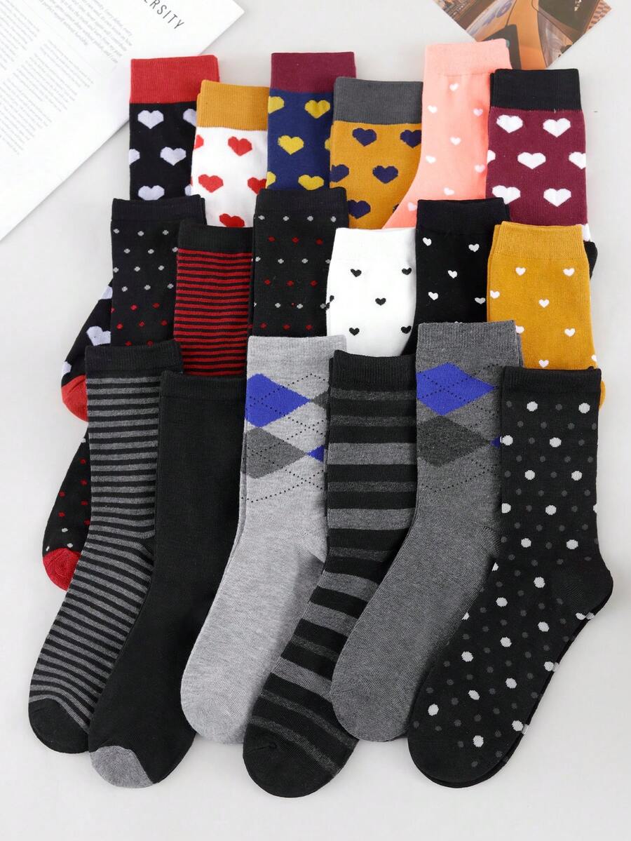 1/3/5/10 Pairs Random Women's Geometric Pattern Heart Polka Dot Stripe Retro Artistic Style Comfortable Breathable Mid-Calf Socks - Multicolor - View 1