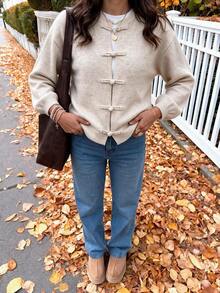 Women's Casual Elegant Vintage Button Design Knitted Cardigan Sweater, Suitable For Office Work And Daily Wear - Apricot - View 1