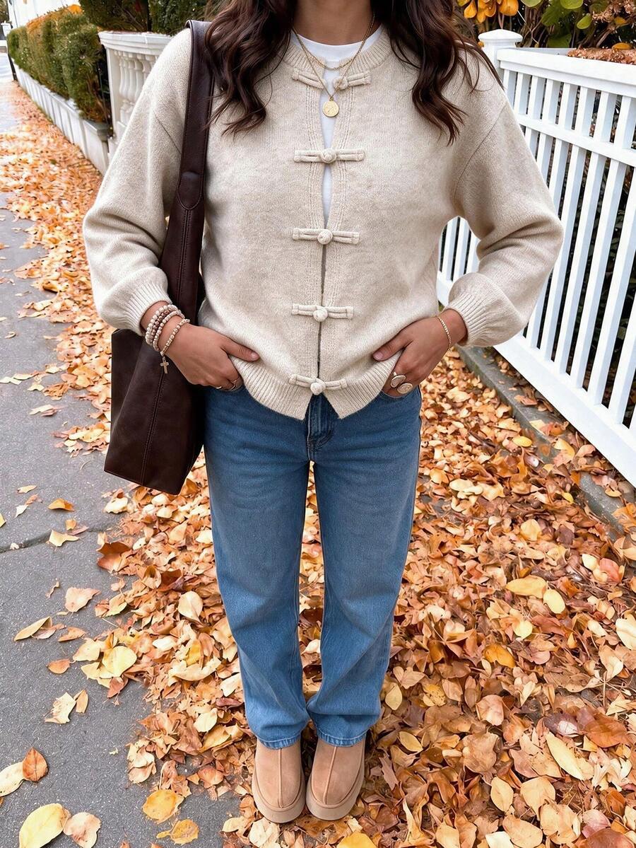 Women's Casual Elegant Vintage Button Design Knitted Cardigan Sweater, Suitable For Office Work And Daily Wear - Apricot - View 1