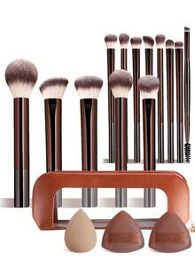 13pcs Long Handle Makeup Brushes With 3pcs Powder Puffs & Makeup Sponge, 1pc Storage Bag, Full Set Of Face & Eye Brushes, Beginner-Friendly Makeup Tool Kit - Multicolor - View 15