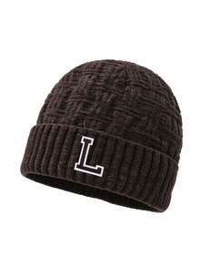 1pc Men's Brown Textured Knit Cuffed Beanie With Gold Trim Letter A--Z Patch, Windproof Warm Winter Outdoor Cap - Brown - View 9
