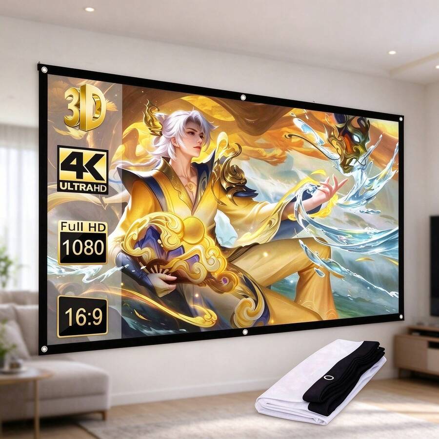 Layar Proyektor Lipat 16:9, Layar Film Portabel Anti-Kerut 4K HD dengan Grommet Logam, Untuk Home Theater dan Penggunaan di Luar Ruangan