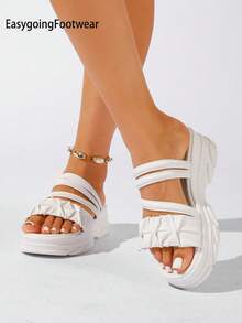 Sandal Wanita Putih Berlipit dengan Ujung Terbuka dan Sol Lembut, Sol Tebal Anti Selip, Sandal Setengah Selip Serbaguna untuk Berbelanja (2 Cara Pakai) - Putih - View 3