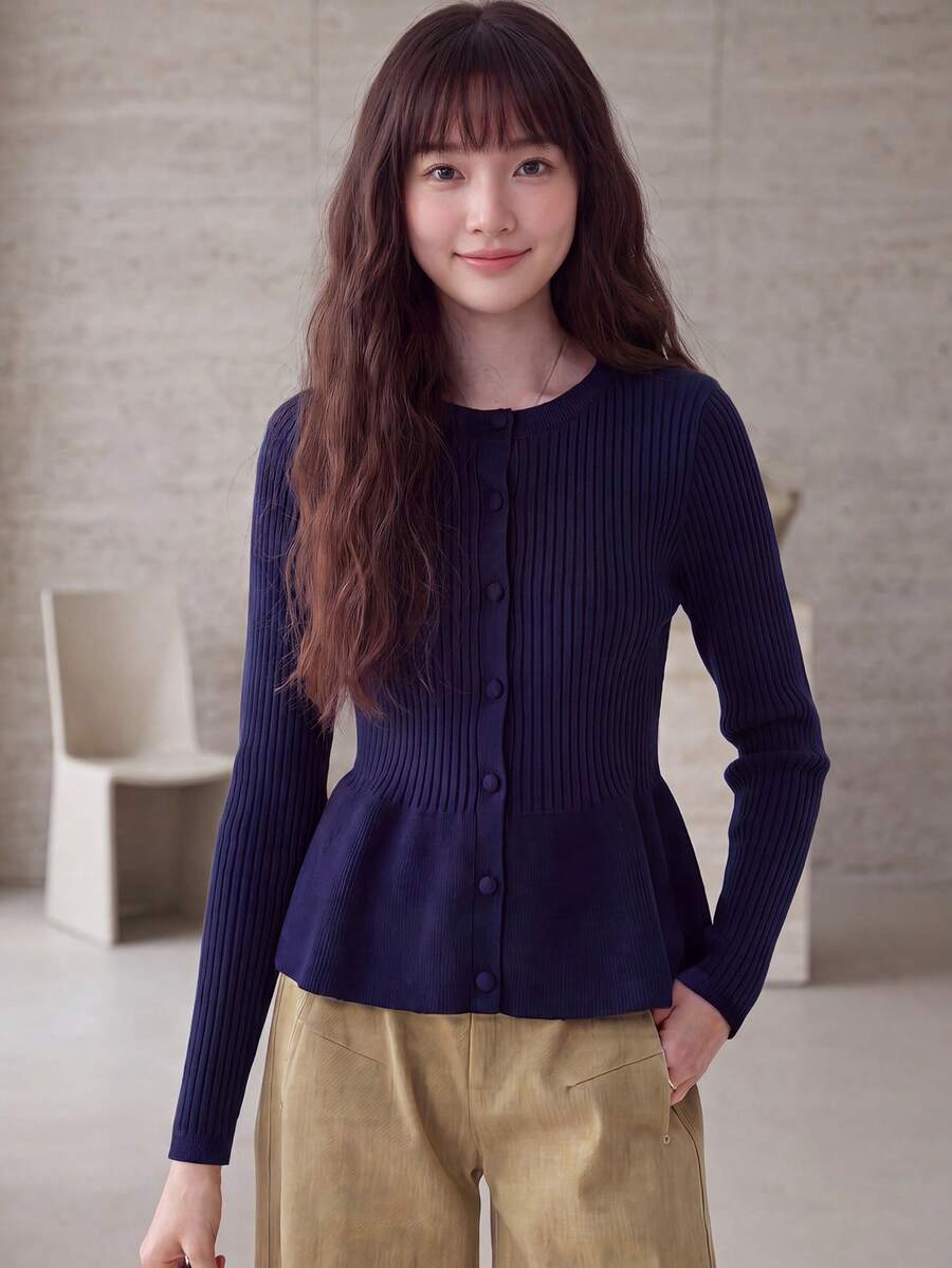 女款休閒優雅直條紋紋理圓領開襟衫,適合秋冬季節 - 藏蓝色 - 查看 1