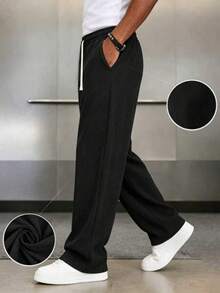 Men's Wear; 1 Pair Men's Loose Fashion Sports Long Pants, Minimalist Solid Color Wide Leg Casual Fit, Drawstring Waist Design, Large Pockets, Suitable For Daily Walking, Work, Travel And Other Occasions. A Perfect Father's Day Gift For Dad - Black - View 3