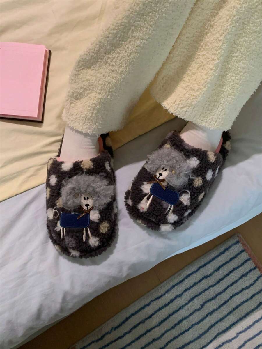 XIXITIAO Cute Curly Lamb Warm House Slippers, Comfortable Winter Indoor Slippers - Dark Grey - View 1