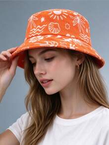 1pc Sun Wave Casual Streetwear Polyester Shell Jacquard Decor Bucket Hat, Geometric 3D Pattern, Spring Summer Autumn Winter - Ocean Shell Bright Orange - View 3
