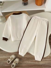 2pcs/Set Girls Spring/Autumn Solid Color & Contrast Color Half-Zip Stand Collar Long Sleeve Sweatshirt And Pants, Suitable For School, Outdoor, Home Leisure, Outing - Apricot - View 2