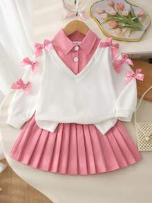 2pcs Girls Sweet Cute 3D Bow Patchwork Polo Collar Half-Button Top & Pleated Skirt Set, Spring/Autumn - Pink - View 1