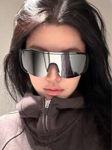 1 Pair Unisex Mirrored Cycling Windproof Fashion Glasses, Large Frame Full Coverage, Suitable For Men And Women - Black Frame Silver Face - View 2