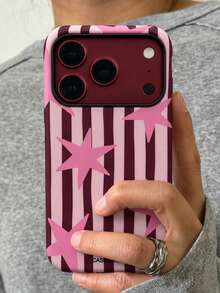 時尚星星條紋拼色拼接啞光 2-in-1 手機殼，適用於 iPhone 18 Pro Max 18 Pro 17 Pro Max 17 Pro 17 16 Pro Max 16 Pro 16 15 Pro Max 15 Pro 15 14 Pro Max 14 Pro 14 13 Pro Max 13 Pro 13 12 11，創意不對稱線條圖案硬 PC 全包覆保護背蓋 - 粉色星星條紋 - 查看 4