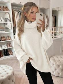 New Women's Casual Fashionable Minimalist Solid Color Knitted Turtleneck Sweater, Autumn/Winter White Fall - White - View 8