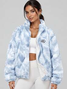 Women Light Blue Tie Dye Stand Collar Zip Up Teddy Jacket - Blue - View 3