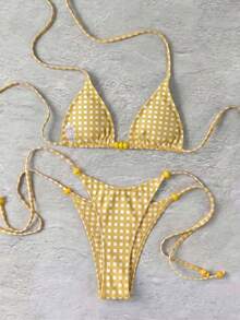 Two Pieces Yellow And White Checkered Halter-Neck Bikini Set, An Elegant And Casual Swimsuit Set For Summer Beach Vacation Parties - Multicolor - View 4