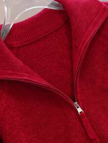 Women's Zip Up Cardigan, Middle Eastern Oversized Ribbed Knit Sweater, Soft Long Sleeve Casual Jacket For New Year Party, Back To School, Halloween - Red - View 4