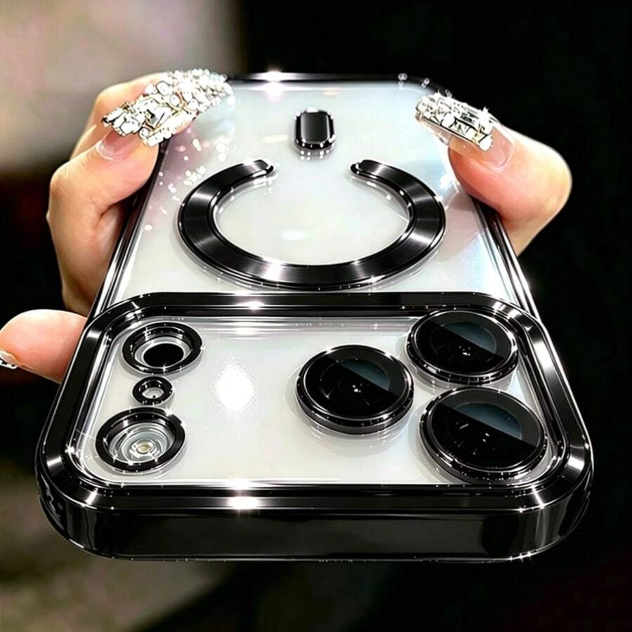 1pc Transparent Magnetic Phone Case With Phone Stand, Compatible With IPhone 18 17 16 15 14 13 12 11 Pro Max Pro Plus, 16e 17e, Electroplated Glossy Edge, Integrated Large Camera Window, Shockproof Transparent Protective Phone Case With Lens Protector Film, Fashionable Phone Case