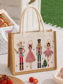 New Christmas Nutcracker Pattern Handheld Lunch Bag, Linen Material, Reusable Bento Bag, Outdoor Picnic Storage Bag, Large Capacity Design Easily Accommodates Lunch Box, Snacks And Drinks, Lightweight Handheld Style Suitable For School Lunch, Commute, Picnic And Short Trips; Vintage Fashion Texture, Outstanding Appearance, Essential Item For Students And Office Workers, Practical Item For Back To School Season And Daily Commute - Multicolor - View 1