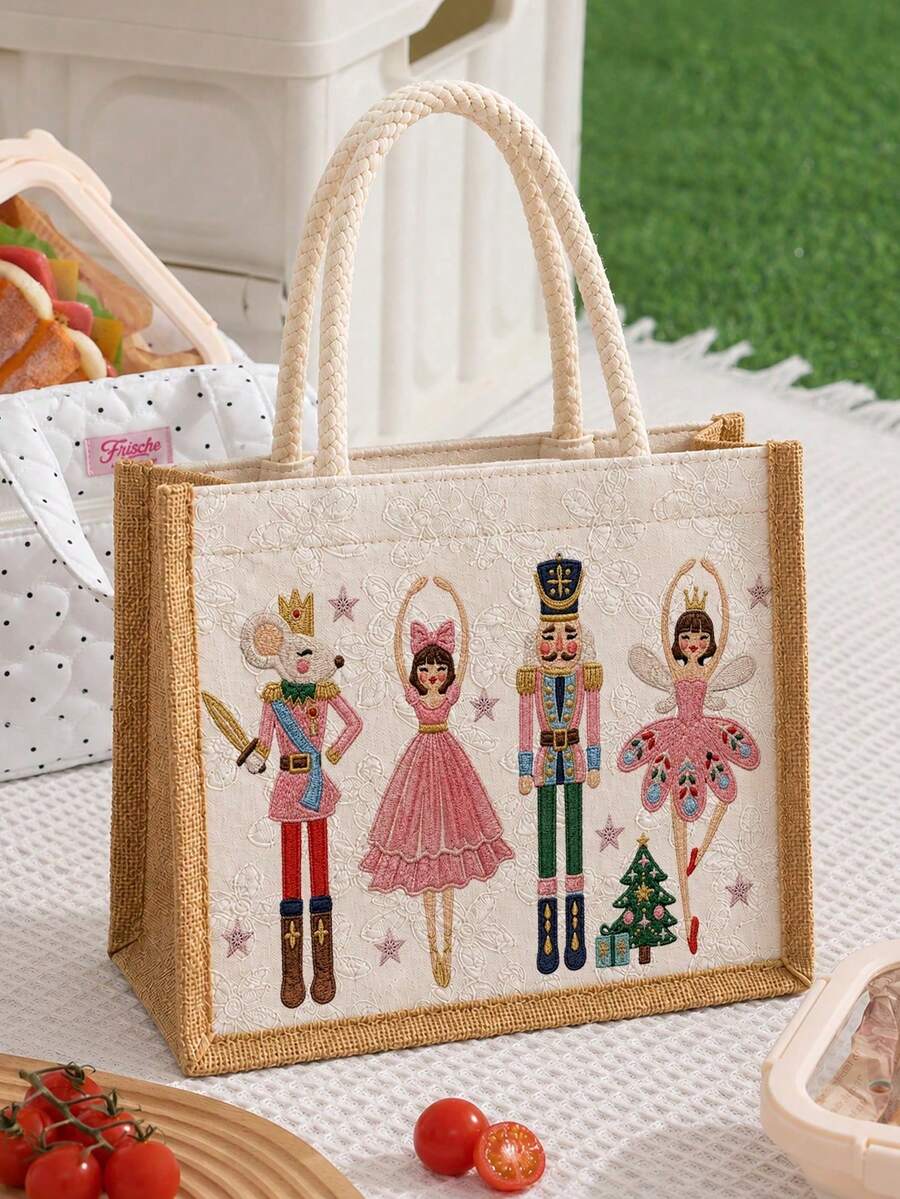 New Christmas Nutcracker Pattern Handheld Lunch Bag, Linen Material, Reusable Bento Bag, Outdoor Picnic Storage Bag, Large Capacity Design Easily Accommodates Lunch Box, Snacks And Drinks, Lightweight Handheld Style Suitable For School Lunch, Commute, Picnic And Short Trips; Vintage Fashion Texture, Outstanding Appearance, Essential Item For Students And Office Workers, Practical Item For Back To School Season And Daily Commute - Multicolor - View 1