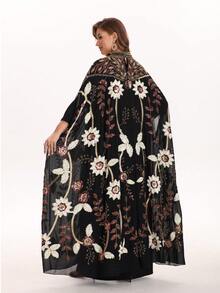 JINLICX Elegant Dignified Tropical Print Woven Fabric Beaded Sequin Patchwork Evening Gown For Holiday Wedding Formal Dinner Spring Summer Autumn - Black - View 4