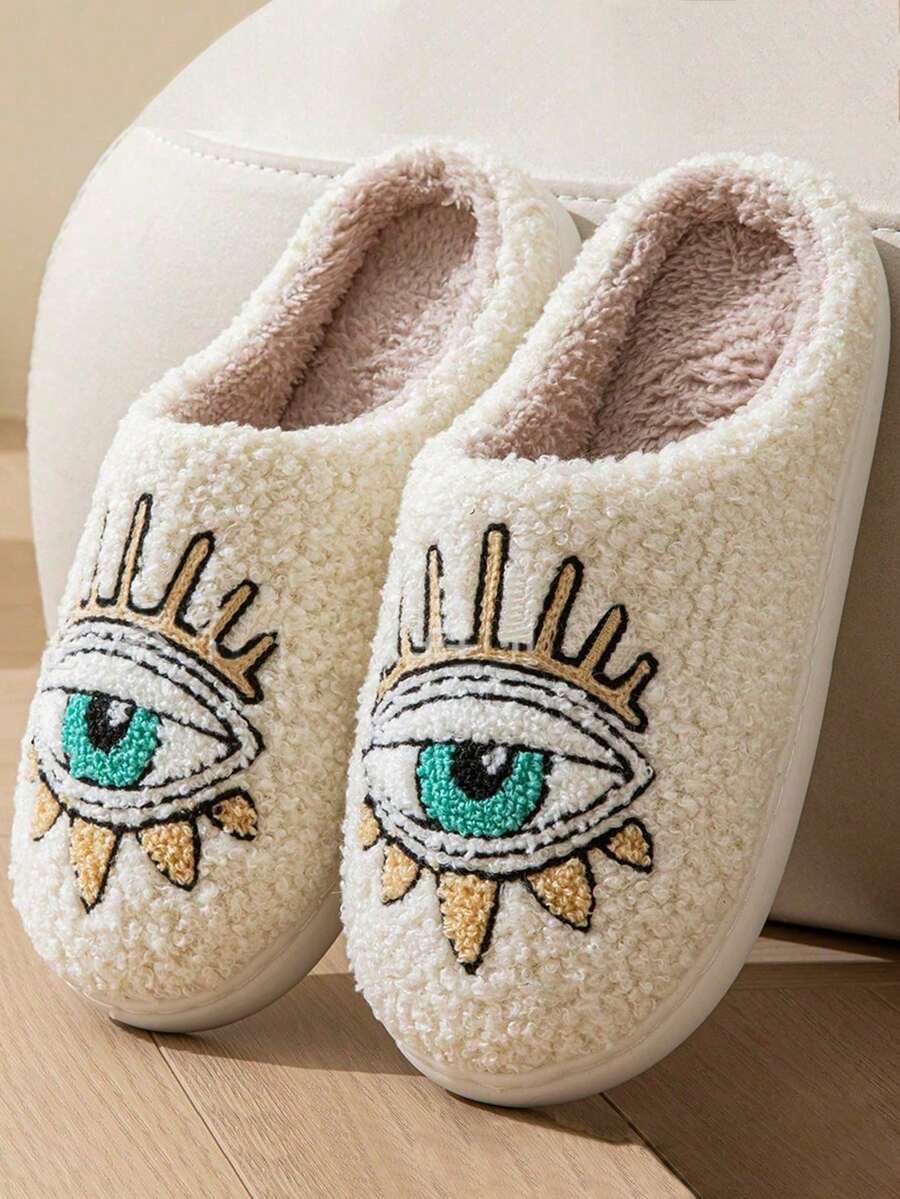 Autumn/Winter Thermal Slippers Halloween Eye Embroidery Print Indoor Home Closed-Toe Thermal Slippers - White - View 1