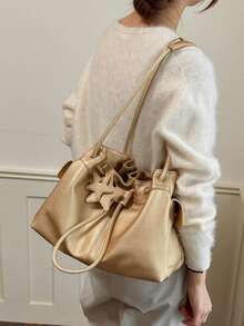 Women Vintage Soft PU Leather Drawstring Bucket Bag Star Charm Pendant Shoulder Bag Large Capacity Hobo Handbag Suitable For Daily Used Office - Gold - View 6
