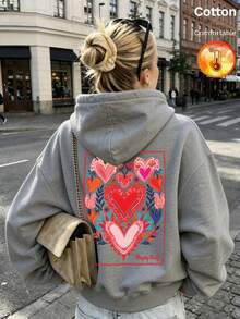 Women's Autumn/Winter Hooded Sweatshirt, Heart And Floral Print, Y2K Style - Floral Gray - View 1