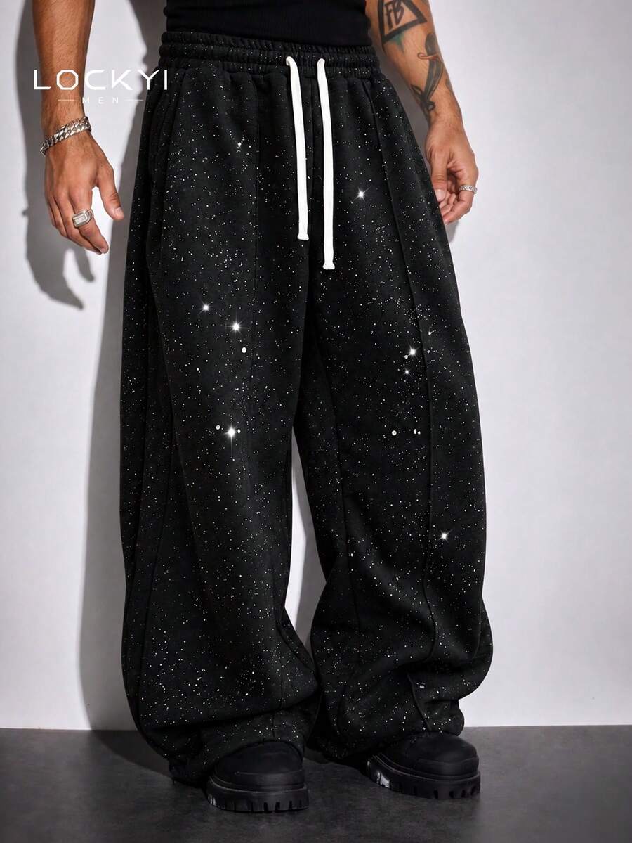 Men's Black Sparkle Wide Leg Casual Pants, Sequin Embellished, Double Drawstring Hip-Hop Style - Black - View 1