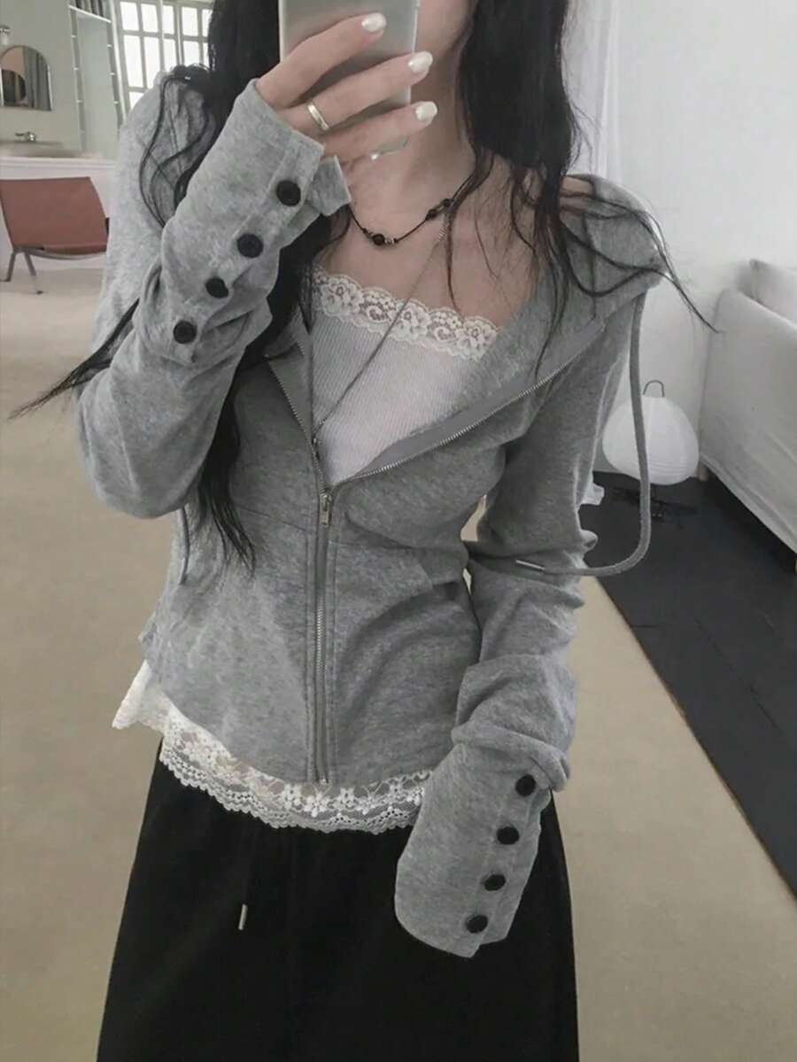 Short Cropped Waist Zipper Hoodie, Hot Girl Style Versatile Loose Fit Top Jacket - Grey - View 1