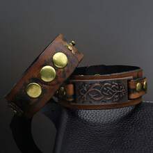 2pcs/Set Vintage Copper Color Pattern PU Leather Bracelets Suitable For Men's Daily Wear - Leather Bracelet - View 6