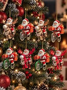 16/12/8/1pc 2D Flat Wooden Santa Claus Decoration, Reindeer Bicycle Santa Claus Hanging Ornament, Waterproof And Shatter-Resistant Christmas Tree Pendant, Santa Claus Reindeer Bicycle Gift Box Pattern, Suitable For Christmas Tree, Wreath, Window, Fireplace, Car Winter Holiday Decoration, New Year Party Gift - Santa Claus - View 2