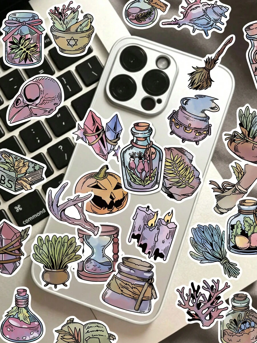 50pcs Forest Witch Material Pack Stickers For Journal, Diary, Scrapbook, Planner, Luggage, Envelope, Greeting Card, Notebook, Tablet, Water Bottle - Forest Witch Craft Kit - View 1