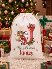 Customizable Santa Claus Initial Christmas Gift Bag, Personalized Name Drawstring Bag, Multi-Size Christmas Canvas Storage Bag, Holiday Gift Storage Bag, Christmas Tree Decoration, Home Gift Accessory - Multicolor 2 - View 8