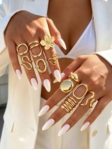 New 11Pcs/Set Fashion Flower Irregular Smooth Rings Set For Women Geometric Exaggerated Gold Color Finger Rings Vintage Fashion Party Jewelry - Yellow Gold - View 1