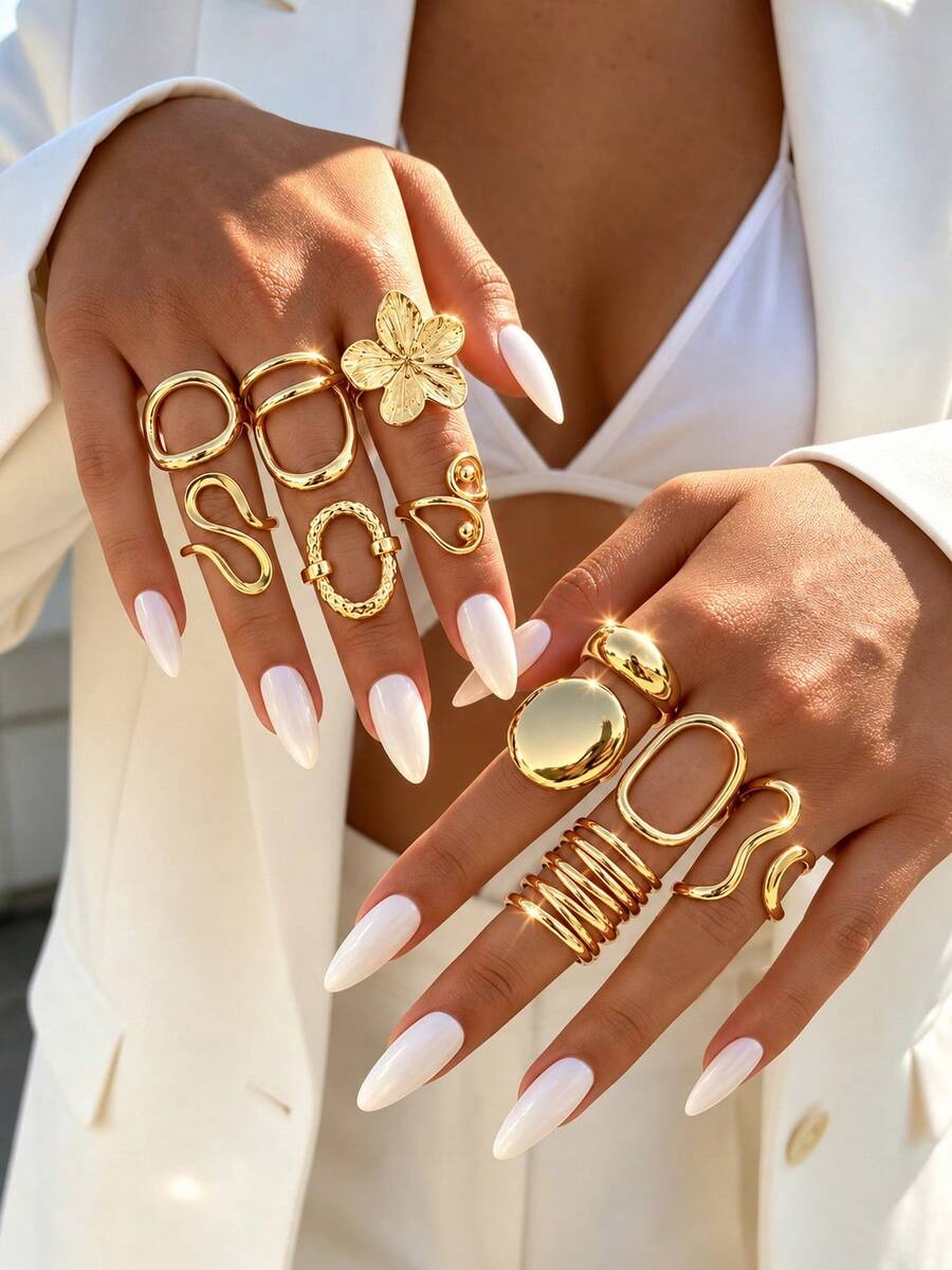 New 11Pcs/Set Fashion Flower Irregular Smooth Rings Set For Women Geometric Exaggerated Gold Color Finger Rings Vintage Fashion Party Jewelry - Yellow Gold - View 1