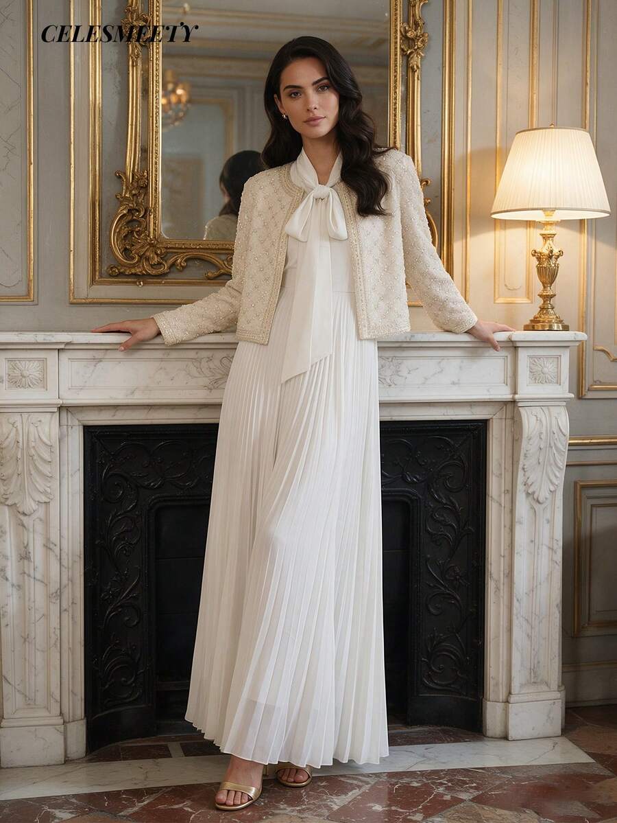 2pcs Floral Pattern Sequin Bead Elegant Women's Chiffon Maxi Dress With Blazer - Beige - View 1