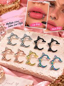 5pcs Multicolor Stainless Steel No-Drill Lip Rings Nose Rings Septum Rings Ear Studs, Personalized Punk Style Body Piercing Jewelry Accessories For Women, Fashion Versatile Jewelry - Multicolor - View 1
