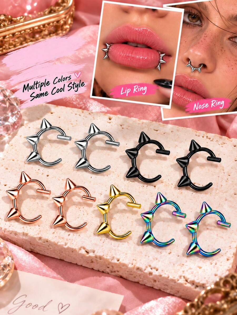 5pcs Multicolor Stainless Steel No-Drill Lip Rings Nose Rings Septum Rings Ear Studs, Personalized Punk Style Body Piercing Jewelry Accessories For Women, Fashion Versatile Jewelry - Multicolor - View 1