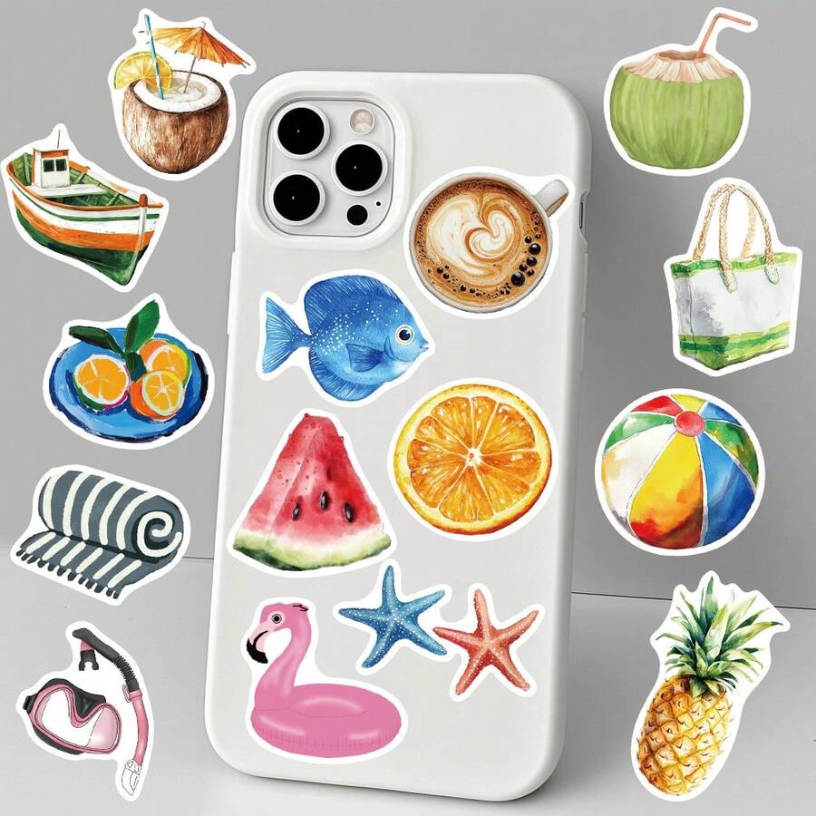 50pcs Boat Beach Pool Day Stickers For Decorating Musical Instruments, Guitar, Water Bottle, Mug, Skateboard, Laptop, Coffee Cup, Luggage, Diary, Scrapbook - Boat Beach Pool Day - View 1