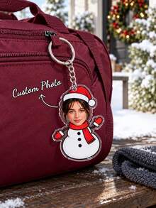 1PC Personalized Photo Snowman Keychain, Custom Face Acrylic Keyring, Christmas Bag Charm, Santa Hat & Scarf Design, Funny Keepsake Gift For Friends - Multicolor - View 2