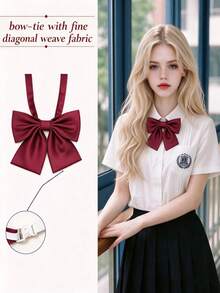 1pc JK Style Solid Color Ribbed Bowknot, Adjustable Pre-Tied Bowknot Collar Flower, School Uniform Accessory Unisex, 5 Colors Available, Suitable For Daily, School, Date, Party Wear - Burgundy - View 1