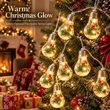 Solar Christmas Fillable Bulb String Lights, Pre-Assembled Mini Xmas Scene With Pine, Red Berries & Snow Inside Vintage Bulbs, Warm LED For Holiday Garland & Bedroom Wall Decor - Christmas Ornament - View 7