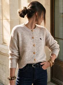 Women's Vintage Round Neck Knitted Cardigan With Gold Buttons, Long Sleeve Knit, Creating Preppy Winter Look - Mocha Brown - View 3