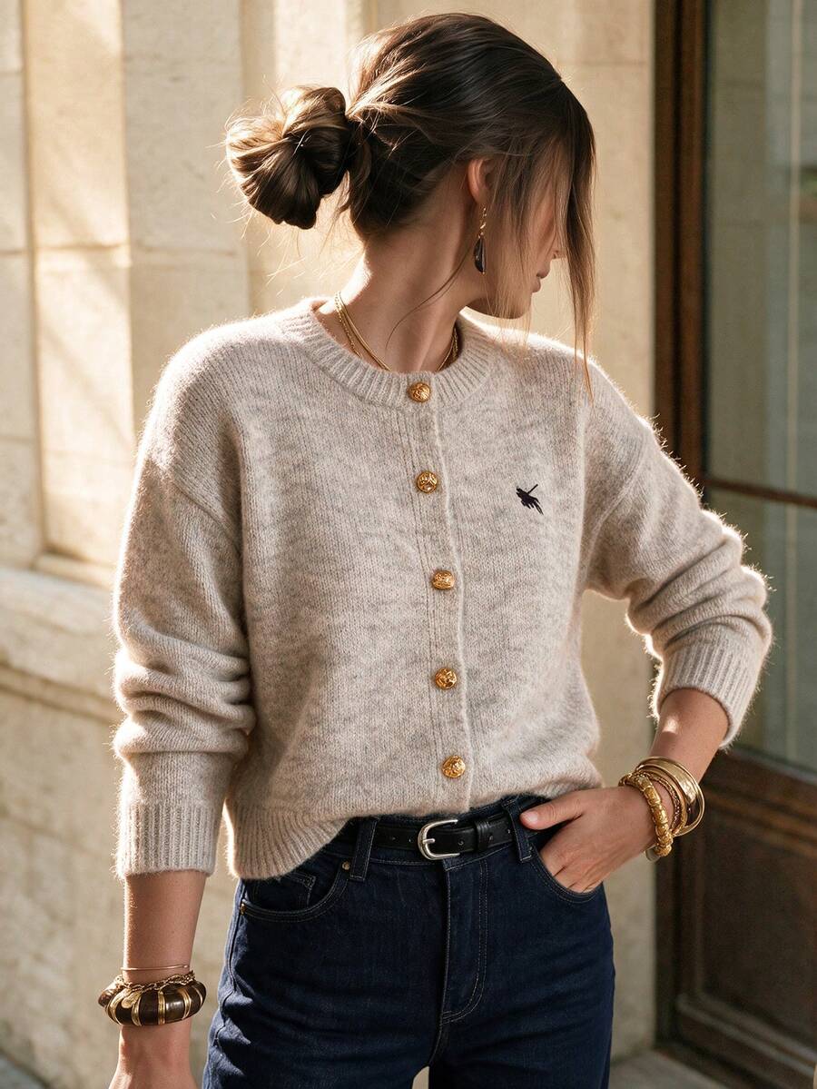 Women's Vintage Round Neck Knitted Cardigan With Gold Buttons, Long Sleeve Knit, Creating Preppy Winter Look - Mocha Brown - View 1