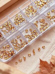 Champagne Nail Rhinestones, 12 Grids Multi Shape 3D Glass Nail Gems, Star Heart Butterfly Curve Rhombus Crystal Nail Stones, Fall Winter Nail Art Decorations, Flatback Rhinestones For DIY Manicure Nail Design - Multicolor - View 2