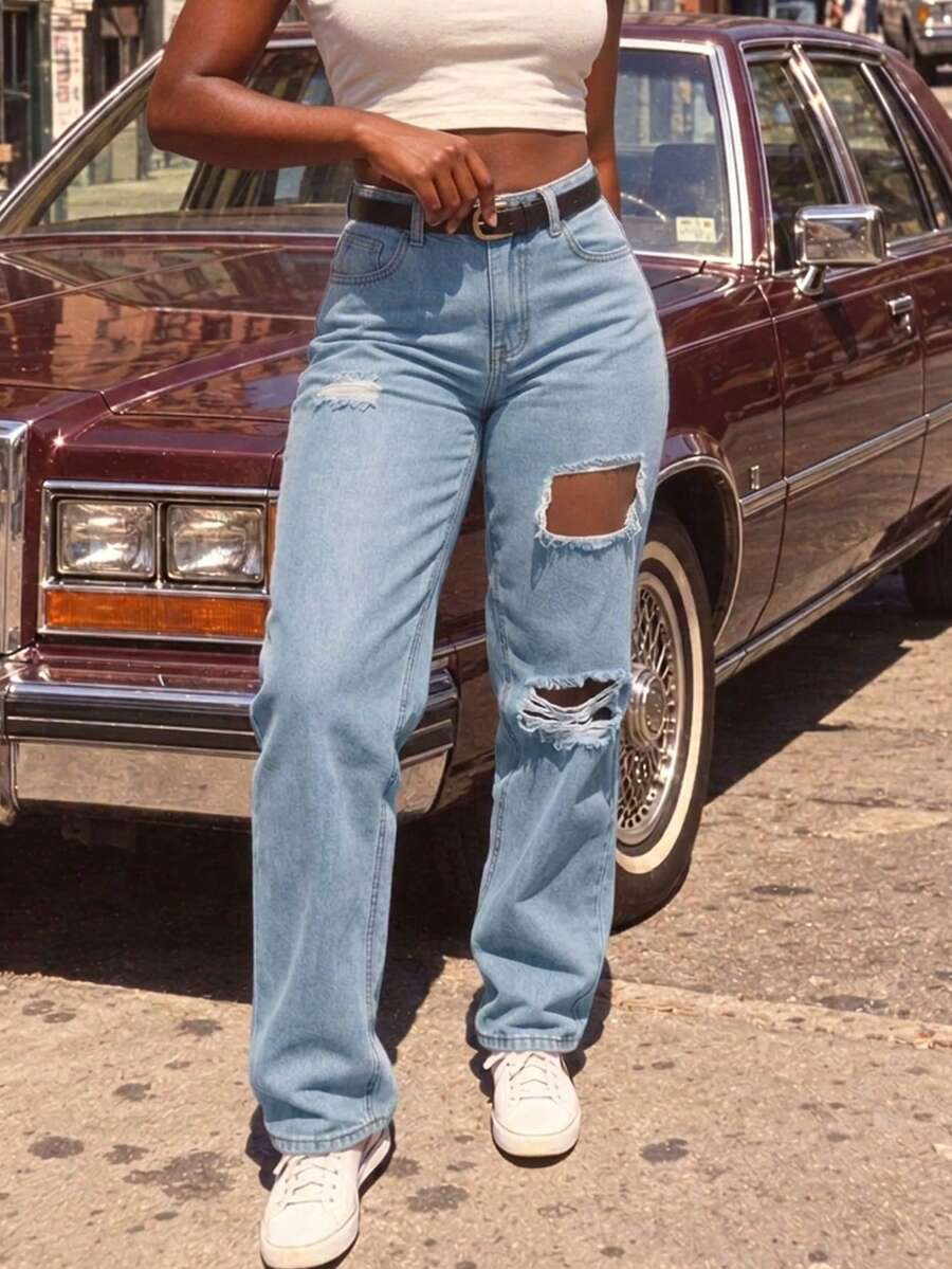 Summer Vacation Women's Fashion Travel Ripped Tapered Loose Ripped Boyfriend Jeans - Light Wash - View 1