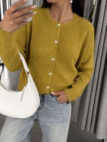 Plus Size Autumn Clothing Yellow Button-Front Cardigan, Casual Minimalist Style, Suitable For Office And Formal Work Occasions - Yellow - View 1