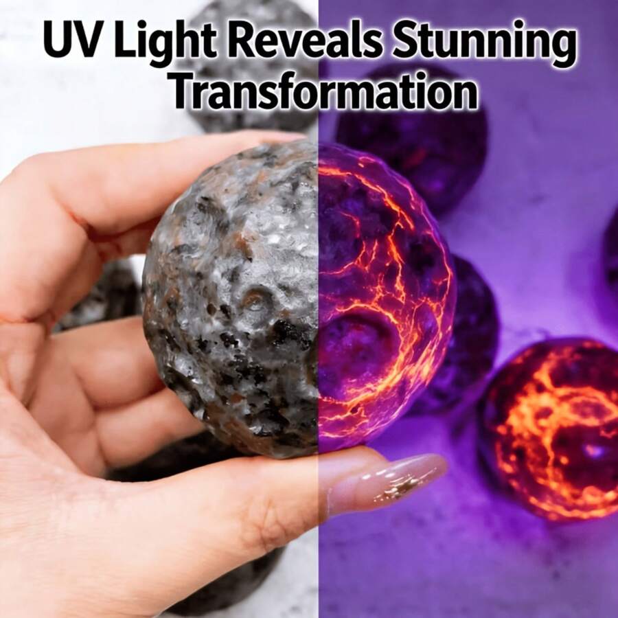1件螢光石火焰球，行星圖案，UV光下發光，隕石坑紋理雕刻，適合桌面裝飾與收藏禮品