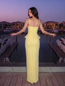 New European And American Style Yellow Pearl Decorated Spaghetti Strap Backless Minimalist Fitted Dress, Birthday Party Banquet Evening Gown - Yellow - View 5