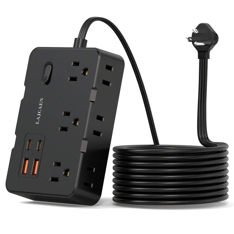 JcBlaon Stopkontak Pelindung Lonjakan Arus 5 kaki dengan 4 Port USB (2 USB-C), Perpanjangan Stopkontak Lebar 6 inci, Dapat Dipasang di Dinding, Steker Pipih Ultra Tipis