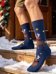 1 Pair Men's Christmas Reindeer Mid-Calf Socks, Warm And Thick For Autumn/Winter Wear, Navy Blue Base With Cute Reindeer And Gold Star Pattern, Fun Holiday Style, Suitable For Home Casual Wear, Creative Christmas Gift Socks - Multicolor - View 2